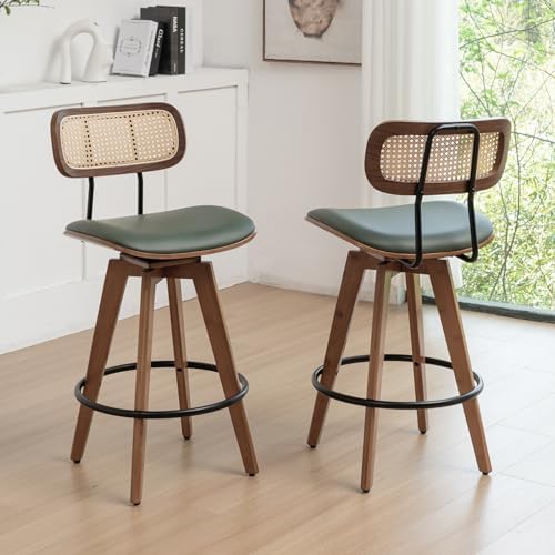 26" Rattan Bar Stools Set of 2,Faux Leather Counter Height Swivel Barsto...