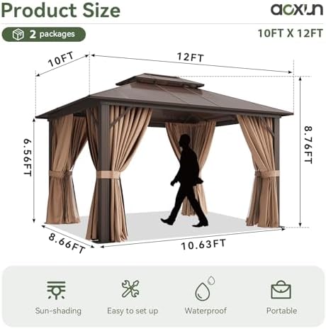 Aoxun 12'x10' Hardtop Gazebo with Polycarbonate Double Roof, Brown