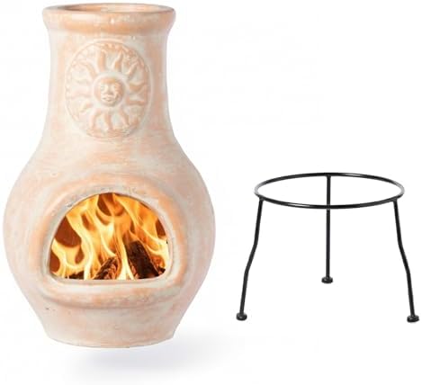 Outdoor Beige Clay Chiminea Outdoor Fireplace Sun Design Charcoal Burning Fire Pit with Sturdy Metal Stand, Barbecue, Cocktail Party, Family Gathering, Cozy Nights Fire Pit
