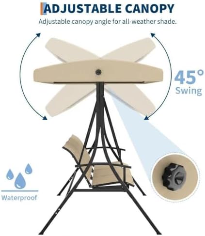 GarveeLife 3-Seat Patio Swing Chair, Outdoor Porch Hanging Chairs with Adjust...