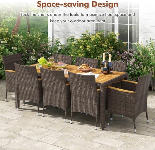 COSTWAY 9-Piece Patio Rattan Wicker Dining Set for 8 with Umbrella Hole