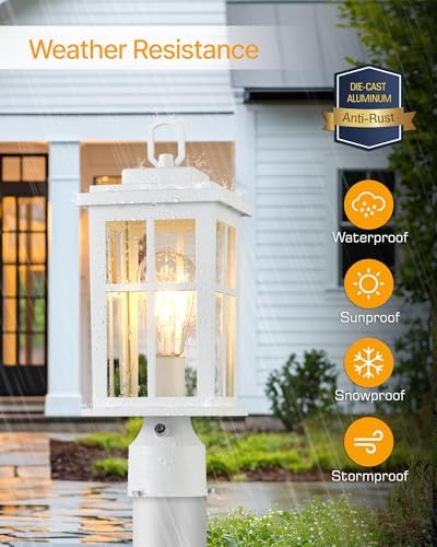 Dusk to Dawn Outdoor Post Lights, White Post Lights Outdoor with Pier Mount B...