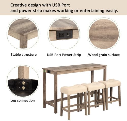 KEIKI 4-Piece Bar Table Set with Charging Ports, 59" Industrial Kitchen ...
