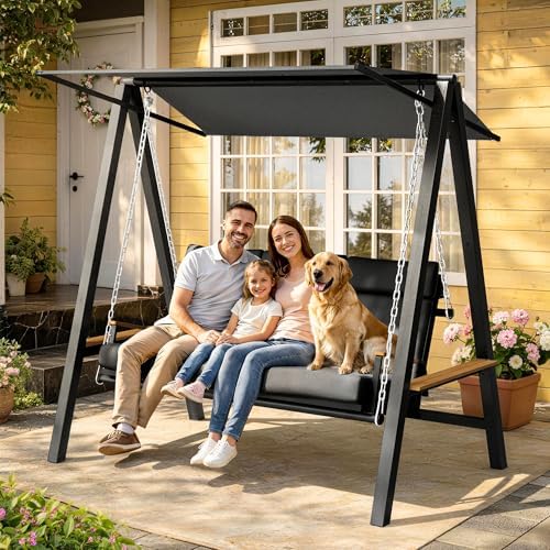 Pamapic 3-4 Seat Porch Swing with Stand, 990 lb Capacity, Black