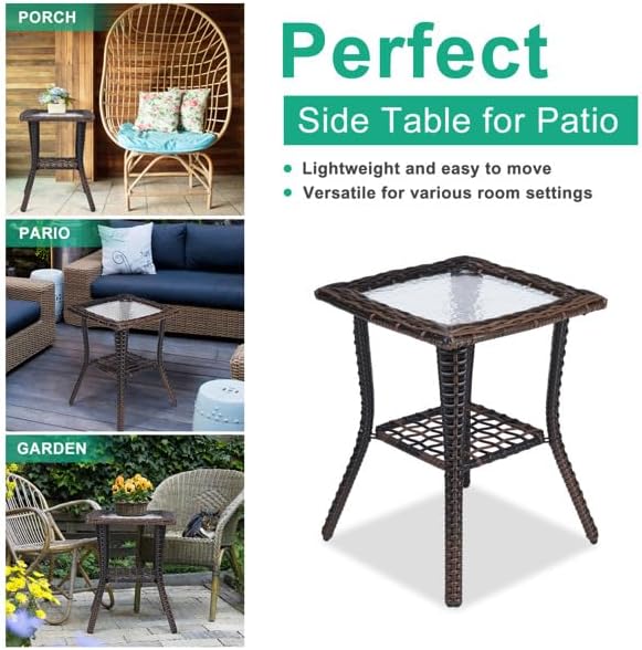 Outdoor Wicker Side Table, Rattan End with Glass Top, Patio Coffee Bistro for...