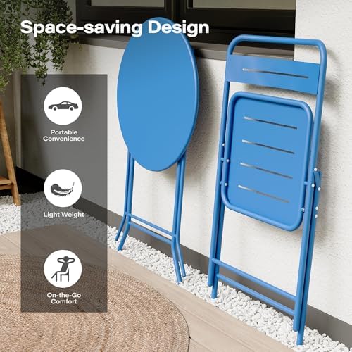 LAUSAINT HOME 3-Piece Folding Steel Bistro Set,Round, Blue