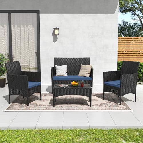 ALAULM 4 Pieces Patio Furnitrue Set Outdoor Patio Conversation Set Wicker Cha...