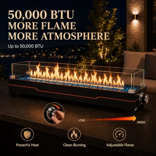 Grisun 36 Inch Tabletop Fire Pit with Glass Wind Guards for Patio & Camping