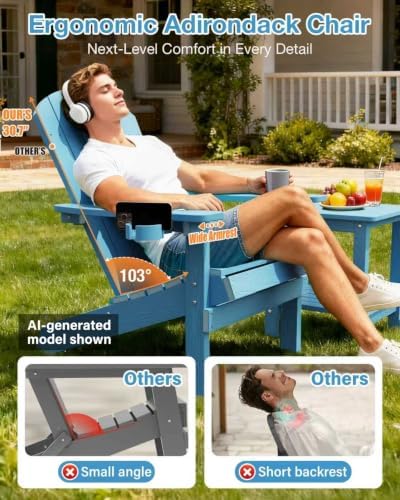 YEFU Adirondack Chair with Cup Holder, All-Weather Outdoor Chair, Blue