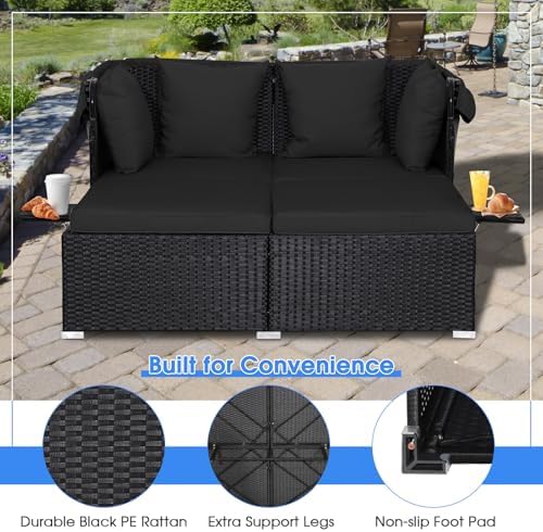 RELAX4LIFE Patio Outdoor Daybed with Canopy, Wicker Sunbed w/Cushions, 4 Pill...