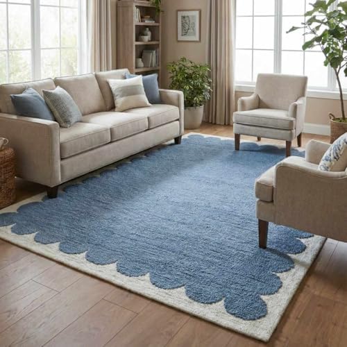 Hauteloom Kazuto Wool Living Room, Bedroom Area Rug - Scalloped Border Plain ...
