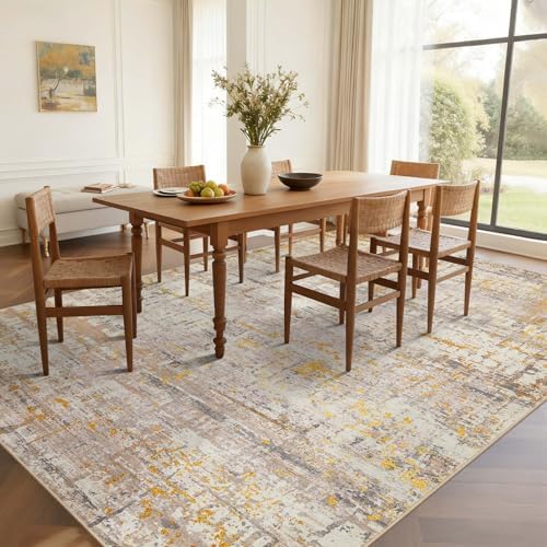 Rugxara 8x10 BeigeGold Modern Abstract Neutral Washable Rug for Living Room