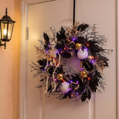DecorbyHannah 24'' Skeleton Halloween Wreath with Lights for Front Door