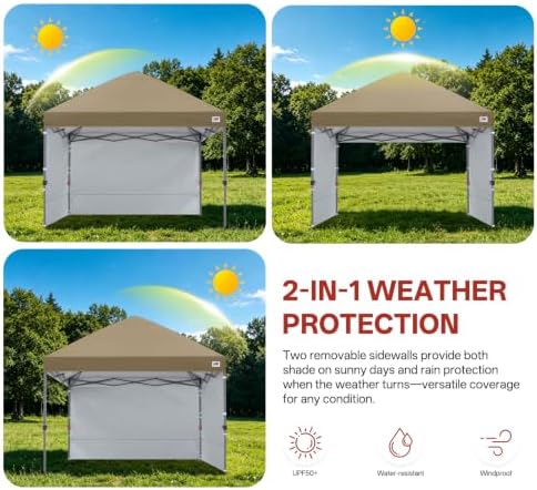 ABCCANOPY 10x10 Pop Up Canopy Tent, 2 Sidewalls, All-Weather Shade, Khaki