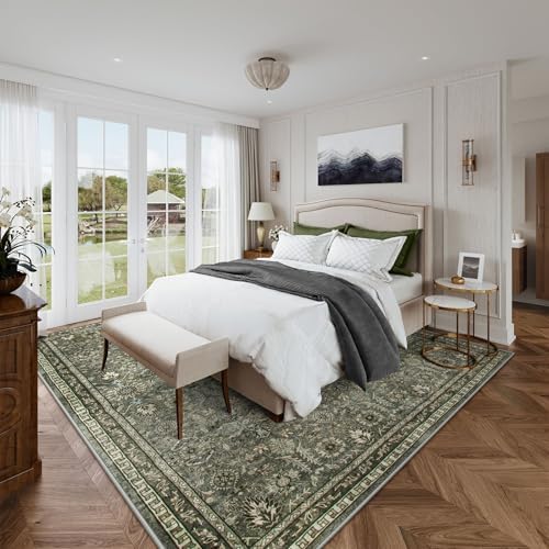 Lahome Dark Olive Green Bedroom Rug, 8x10 Washable Area Rug for Living Room