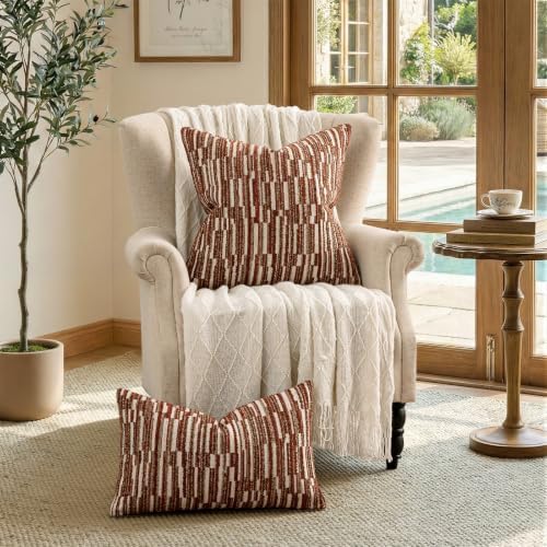 Boho Striped Decorative Throw Pillow Covers 26"X26" Set of 2，Burgundy