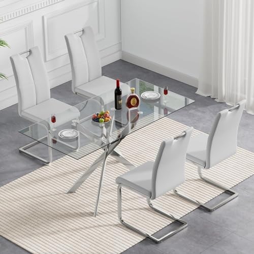 5 Piece Modern Dining Table Set of 4, 51" Tempered Glass Rectangle Dinin...