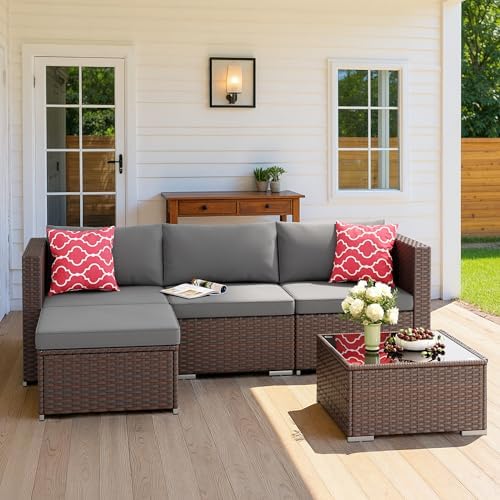 Aiho 5 Pieces Patio Furniture Set All-Weather Outdoor Wicker Sectional Patio ...