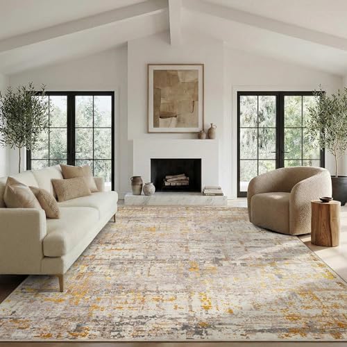 Rugxara 8x10 BeigeGold Modern Abstract Neutral Washable Rug for Living Room