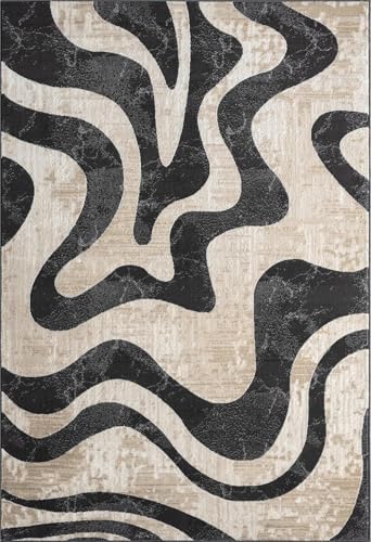 Beige Black Swirl Modern Area Rug – 9' x 12' – Contemporary Abstract ...