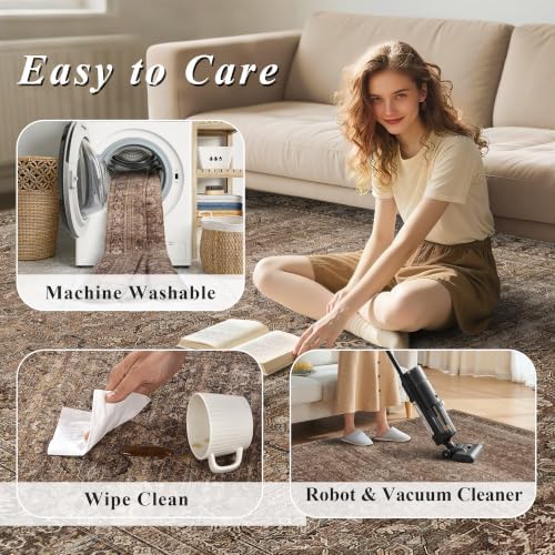 Schweek 10x14 Washable Area Rug Brown Neutral Vintage Distressed Large Rugs