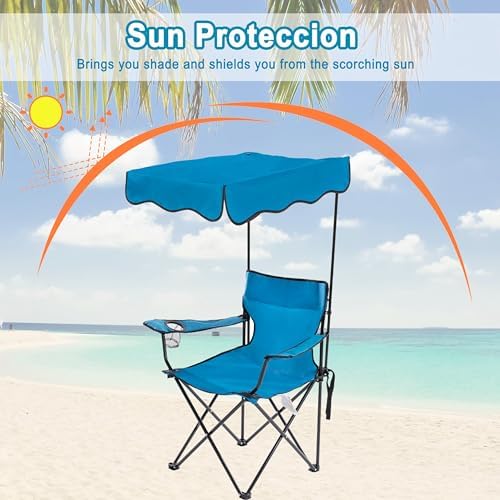 Homcosan Folding Camping Chair with Shade Canopy and Cup Holder Beach Chair w...