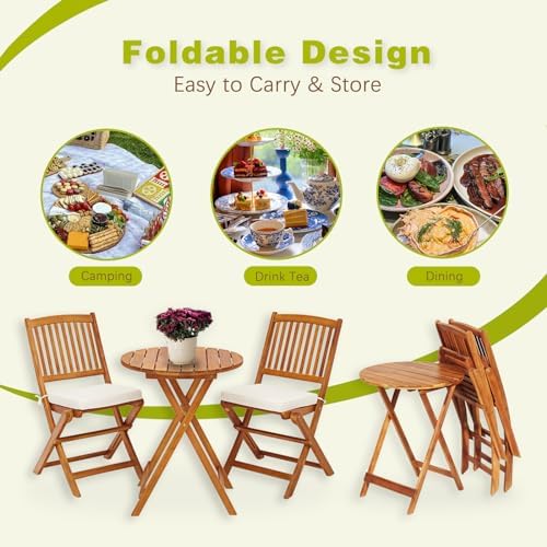 S AFSTAR 3 Pieces Patio Bistro Set, Acacia Wood Bistro Set Folding Chair with...