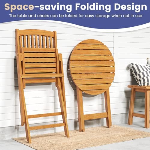 GIANTEX Patio Bistro Set 3 Pieces, Outdoor Acacia Wood Folding Table & Ch...