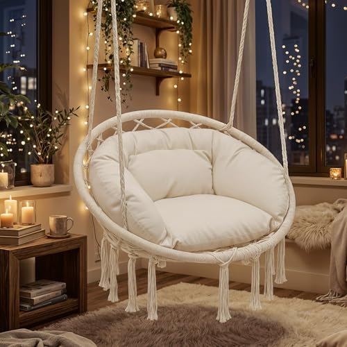 Magshion Macrame Hanging Hammock Chair with Cozy Full Cushion, Beige