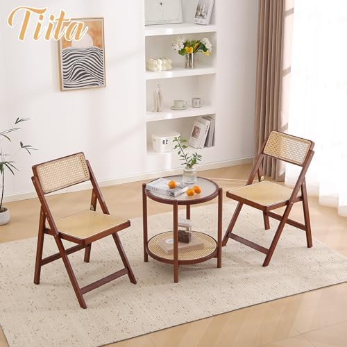 Tiita Rattan Folding Dining Chairs Set of 2, Bamboo Frame, Walnut