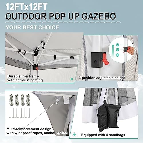 COBIZI 12x12 Pop up Gazebo on Clearance with Mosquito Netting, Carpas para Pa...