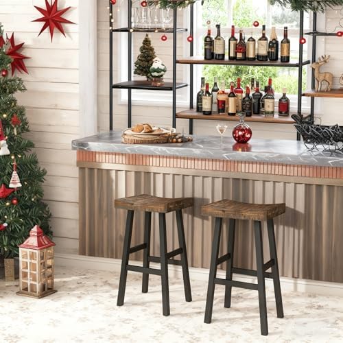 ERGOMASTER Wooden Backless Saddle Barstools Set of 2, 29-inch Bar Height Rust...