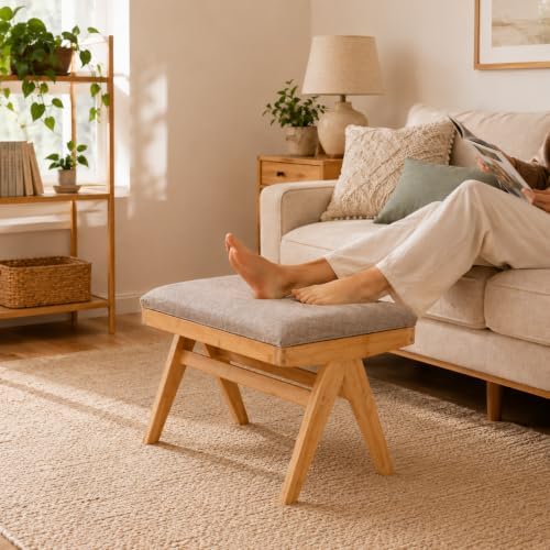 BAMBOOHOMIE Square Foot Stool Ottoman, Large Vanity Stool with Thickened Bamb...