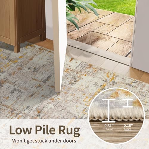 5x7 Neutral Abstract Area Rug, Beige Gold Carpet for Living Bedroom Dining