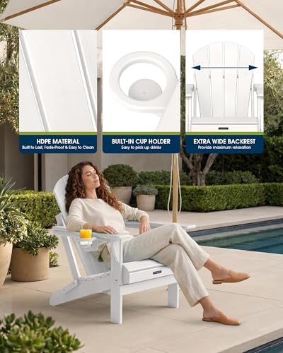 MUCHENGHY Folding Adirondack Chair HDPE for Fire Pit Outdoor, White