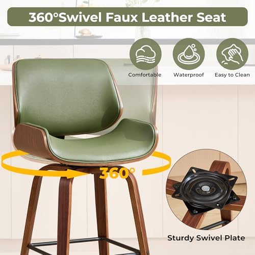 Swivel Bar Stools Set of 2,24" Upholstered Faux Leather Barstools,Mid Ce...