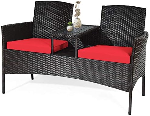 Tangkula Outdoor Rattan Loveseat, Patio Conversation Set with Cushions & ...