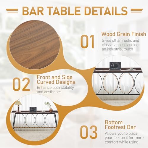 Karl home 82.3" Bar Table, Counter Height Table with Back Rail, Brown