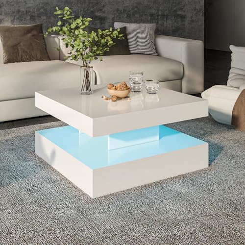 HedoAjim White LED Coffee Table for Living Room, 2-Tier Square Center Table L...