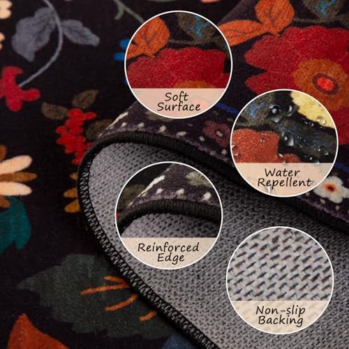 RELEANY Floral Washable 5x7 Area Rugs Black