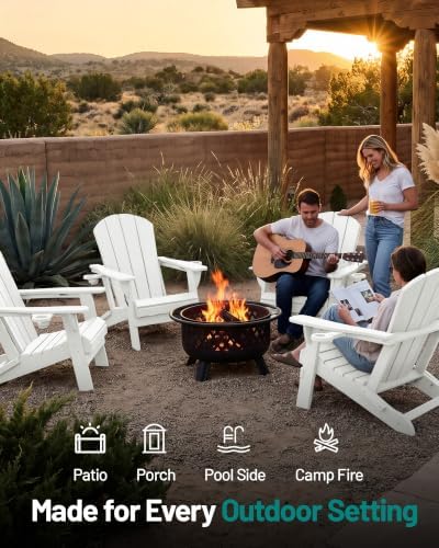 PLUUV Folding Adirondack Fire Pit Chairs Set of 6 with Cup Holders,White