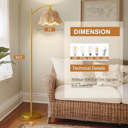 Oneach Arc Floor Lamp for Living Room,Rattan Boho Floor Lamp Decor with Hand-...