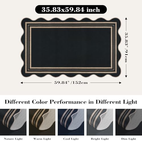 Scalloped Easy Jute 3x5 Outdoor Rug, Washable Rugs for Entryway Black Front D...