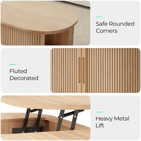 LINSY Lift Top Coffee Table, Oval Fluted Coffee Table with Storage, Boho Wood...