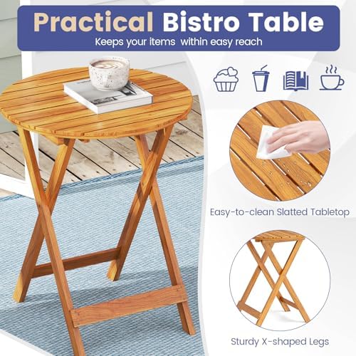 GIANTEX Patio Bistro Set 3 Pieces, Outdoor Acacia Wood Folding Table & Ch...
