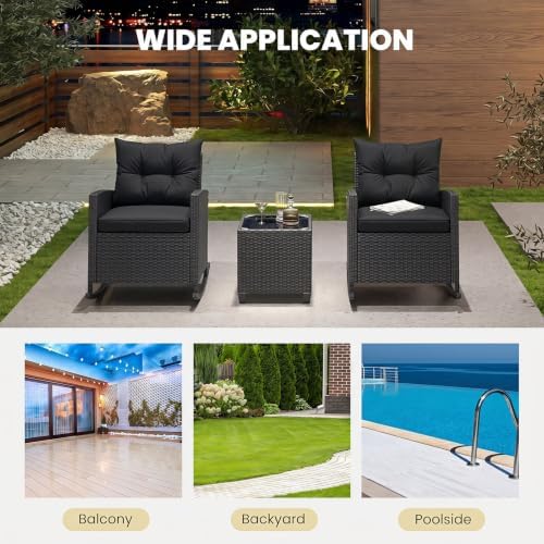 ORALNER 3 Pieces Patio Rocking Chair, Black Wicker Bistro Set (Black)