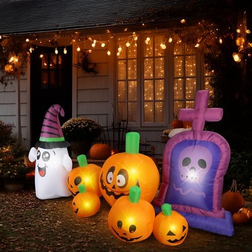 3.7Ft Halloween Inflatable Tombstones Haunted House Prop LED Lights for Hallo...