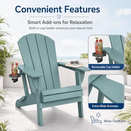 Folding Adirondack Chairs Set of 4 with Cup Holders, Heavy-Duty HDPE Plastic ...