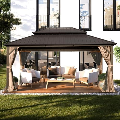 Domi 10x14 Outdoor Hardtop Gazebo, Metal Gazebo for Patios, Brown