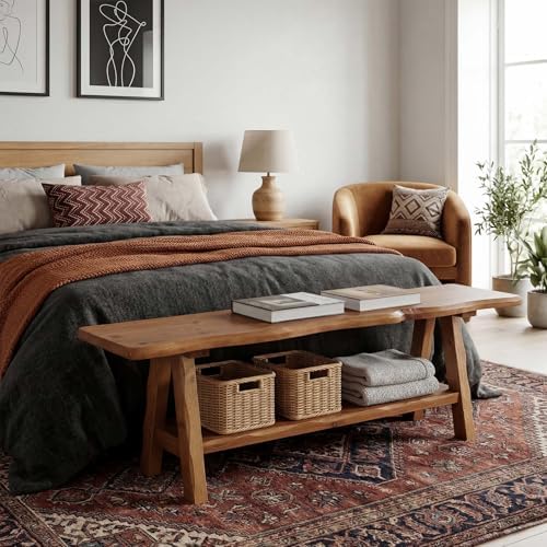 55-Inch Solid Wood Entryway Bench, Farmhouse Long End of Bed Bench with Live-...